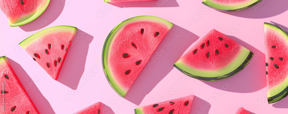 Slices of fresh watermelon on a pink Slices of fresh watermelon on a pink