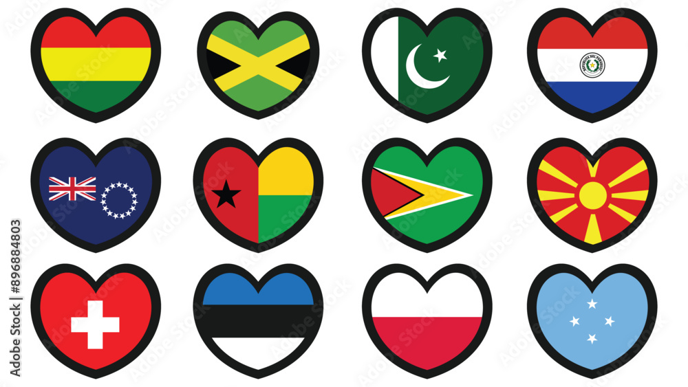 Heart shaped national flags set vector illustration design. country flags collection. Heart shaped national flags set vector illustration design. country flags collection.