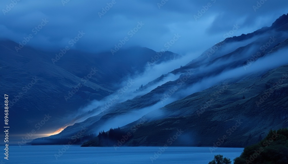 Mist-Covered Mountains at Twilight Over a Still Lake Mist-Covered Mountains at Twilight Over a Still Lake