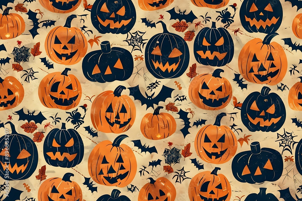 Halloween Pattern of Jack-o'-Lanterns and Bats on a Beige Background Halloween Pattern of Jack-o'-Lanterns and Bats on a Beige Background