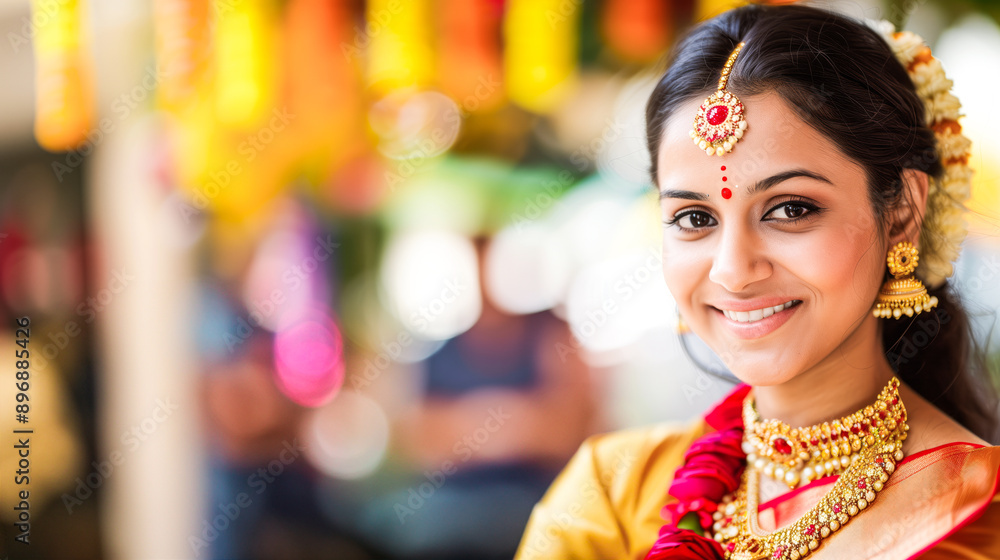 Obraz premium Beautiful indian woman wearing traditional attire, smiling