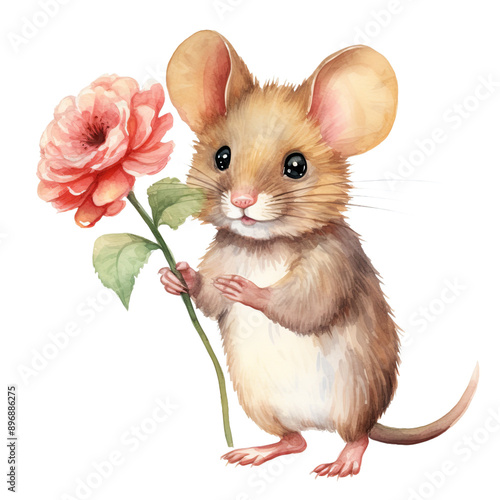 Fototapeta Naklejka Na Ścianę i Meble -  A mouse holding flower watercolor clipart illustration isolated on transparent background