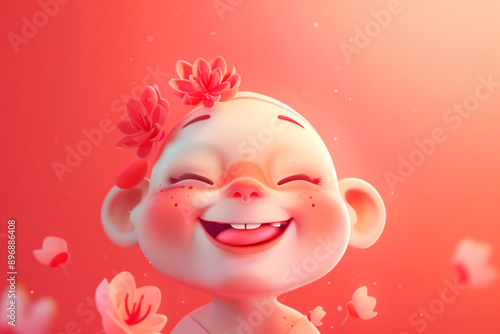 Cute cartoon smiling baby with flower on his head