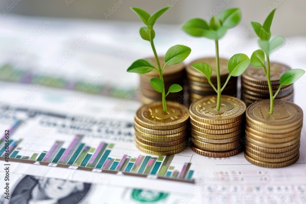 Stacks of Gold Coins with Growing Plants on Top Stacks of Gold Coins with Growing Plants on Top