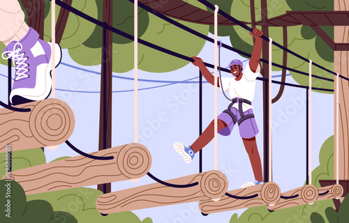 Boy with belaying climbing in rope park. Young man in helmet overcomes challenges, obstacle course. Person walks on log bridge between trees in forest. Active recreation. Flat vector illustration