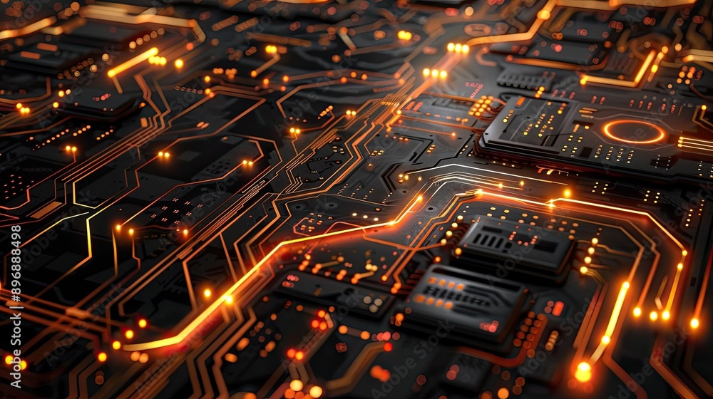 Abstract 3D circuit board with digital elements and glowing highlights Abstract 3D circuit board with digital elements and glowing highlights