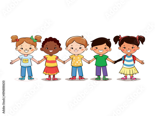 kids holding hands, kindergarten cartoon clip art vector illustration