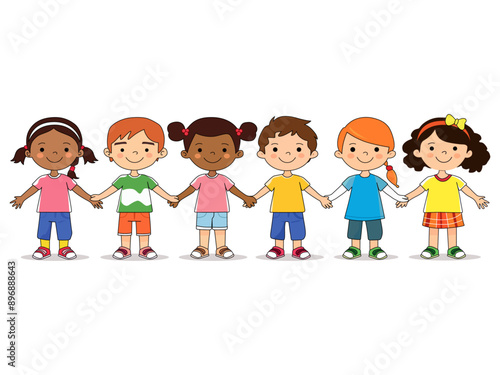 kids holding hands, kindergarten cartoon clip art vector illustration