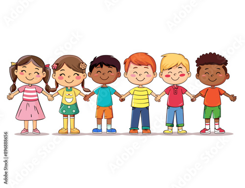 kids holding hands, kindergarten cartoon clip art vector illustration