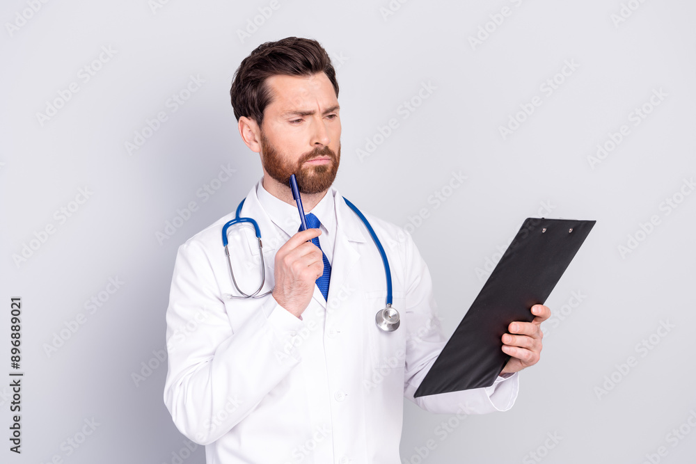 Photo of young handsome serious doctor wear white coat read diagnosis isolated on grey color background Photo of young handsome serious doctor wear white coat read diagnosis isolated on grey color background