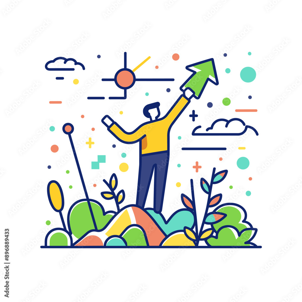 Searching for growth opportunity, vision to look and see future, challenge ahead or motivation to grow business concept, business person on arrows looks to find business opportunity Searching for growth opportunity, vision to look and see future, challenge ahead or motivation to grow business concept, business person on arrows looks to find business opportunity