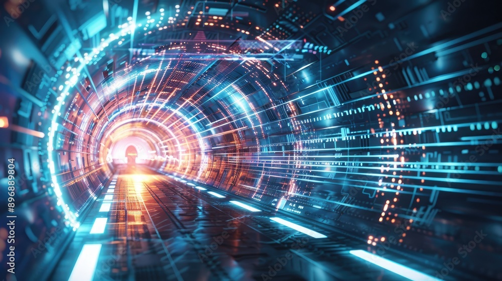 High-tech 3D tunnel with interconnected digital lines and lights