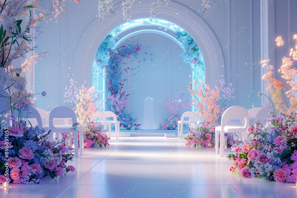 Luxury wedding empty hall arch decoration with pink flower. Elegant romantic ceremony interior design with space for vows. Fantasy portal pastel color. Luxury wedding empty hall arch decoration with pink flower. Elegant romantic ceremony interior design with space for vows. Fantasy portal pastel color.