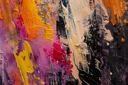 Closeup of a colorful abstract oil painting showcasing diverse textures and patterns