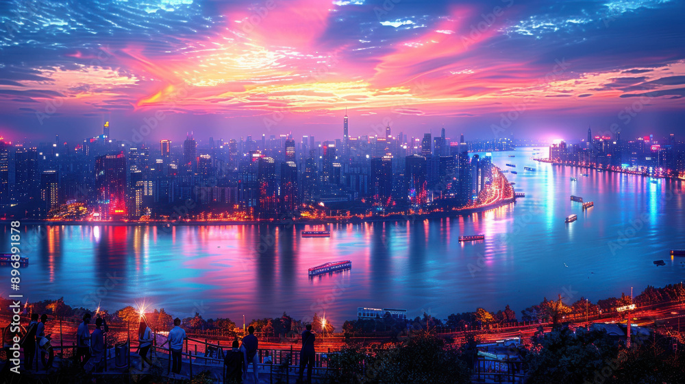 Fototapeta premium Stunning twilight cityscape with vibrant, colorful lights illuminating high-rise buildings and reflecting on a serene river. The city is alive with energy, showcasing its modern beauty.
