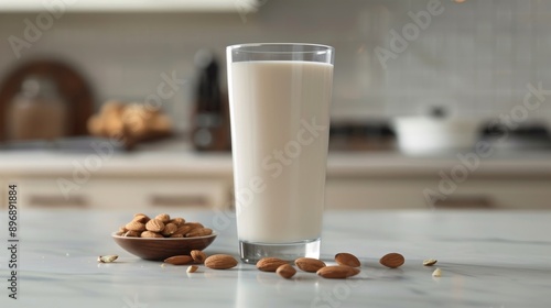 Fresh Almond Milk in a Tall Glass on Marble Countertop, Ideal for Healthy Living, Vegan Cuisine, and DairyFree Diets photo