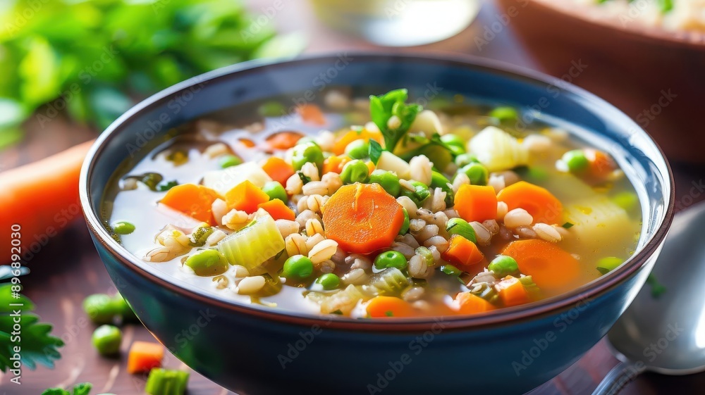 Bowl of barley soup with vegetables, warm and hearty, foods to relieve constipation, comfort food Bowl of barley soup with vegetables, warm and hearty, foods to relieve constipation, comfort food