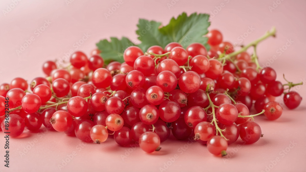A light collection of clear-skinned red currants gathered together against a soft pink background, the green leaf adds a natural freshness A light collection of clear-skinned red currants gathered together against a soft pink background, the green leaf adds a natural freshness