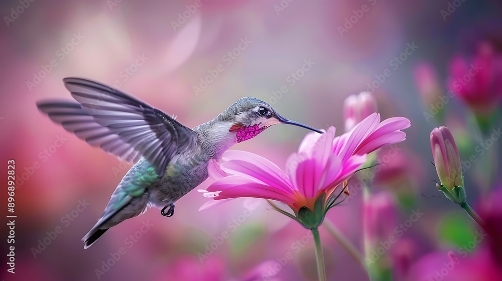 Naklejka premium closeup shot of a hummingbird feeding from a pink flower showing its long beak and iridescent feathers