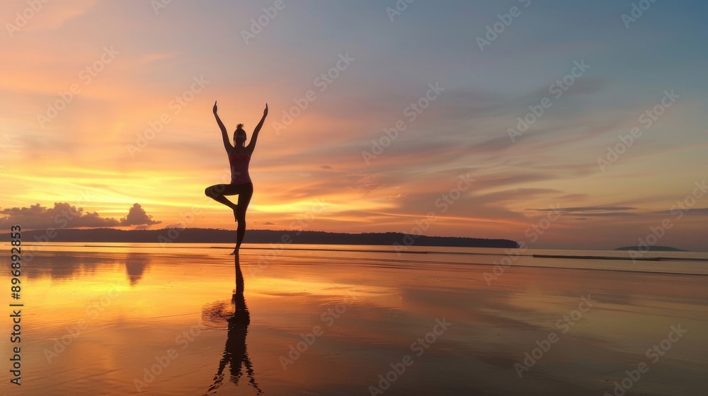 Sunset yoga session on a tranquil beach, serene and meditative. Sunset yoga session on a tranquil beach, serene and meditative.