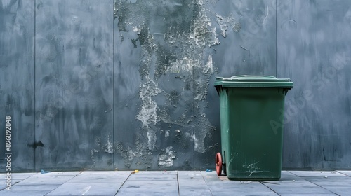 Green Trash Can Against a Weathered Wall