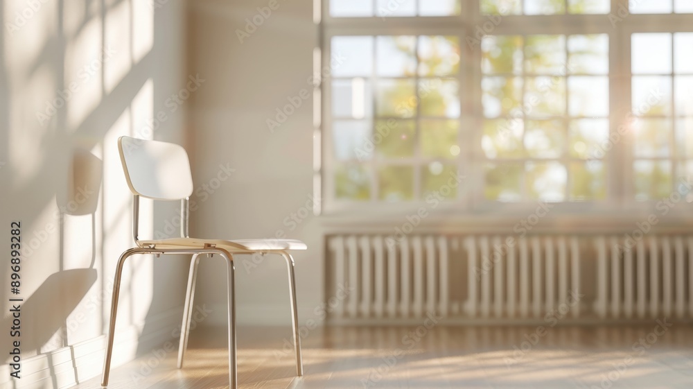 Fototapeta premium A 3D rendering of a simple, empty classroom desk and chair, with a minimalist design and light color palette