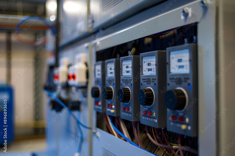 Closeup of gauges and switches on a control panel in an industrial setting Closeup of gauges and switches on a control panel in an industrial setting
