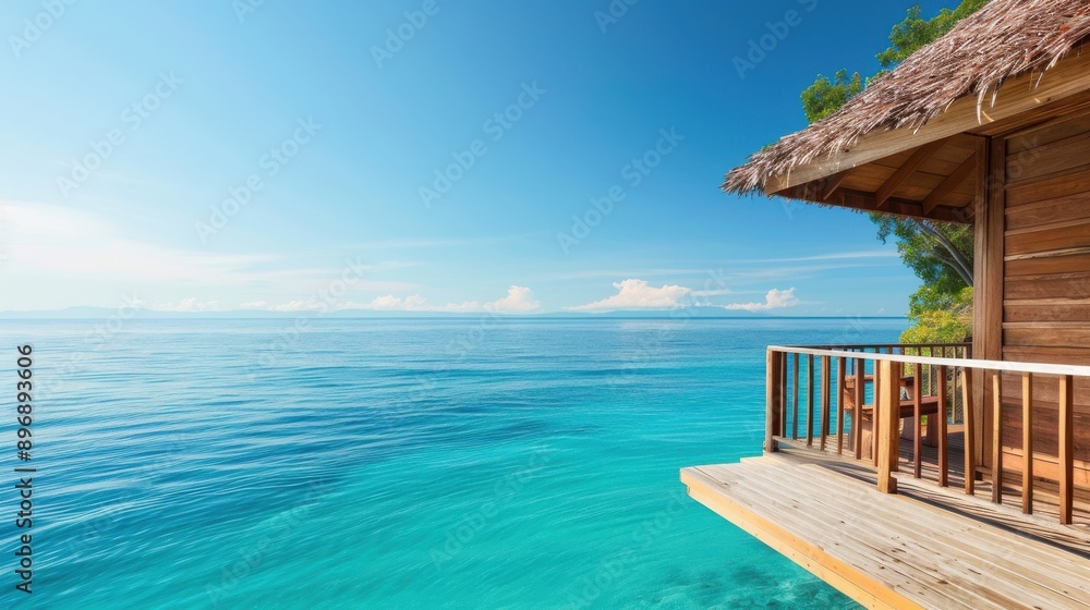 Wooden beach hut with a thatched roof overlooking the sea, rustic and cozy. Wooden beach hut with a thatched roof overlooking the sea, rustic and cozy.