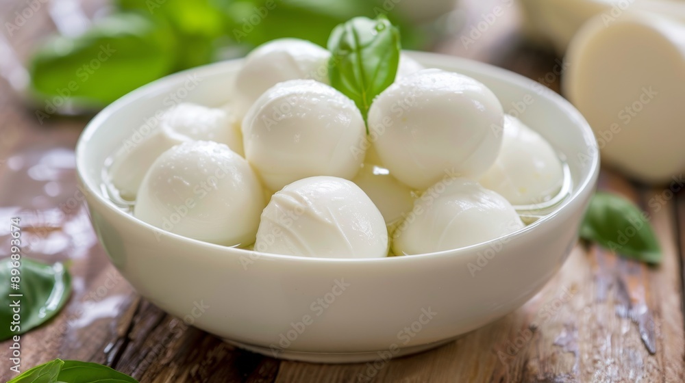 Fresh Mozzarella Balls in Shallow Bowl Garnished with Green Basil Leaves on Wooden Table for Italian Cuisine and Salad Prep Fresh Mozzarella Balls in Shallow Bowl Garnished with Green Basil Leaves on Wooden Table for Italian Cuisine and Salad Prep