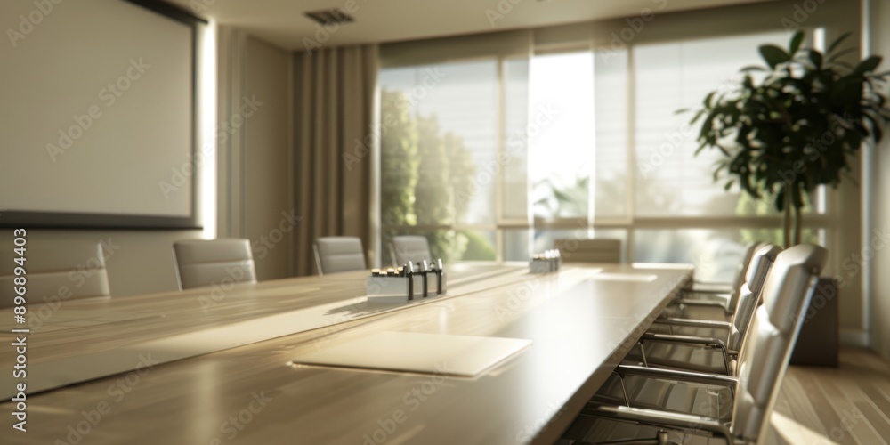 Fototapeta premium A clean 3D model of a business meeting room with a large table, chairs, and a projector screen, representing corporate discussions