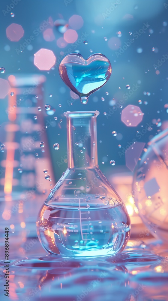 Heart-shaped droplet floating above a laboratory flask, symbolizing the fusion of love and science. Heart-shaped droplet floating above a laboratory flask, symbolizing the fusion of love and science.