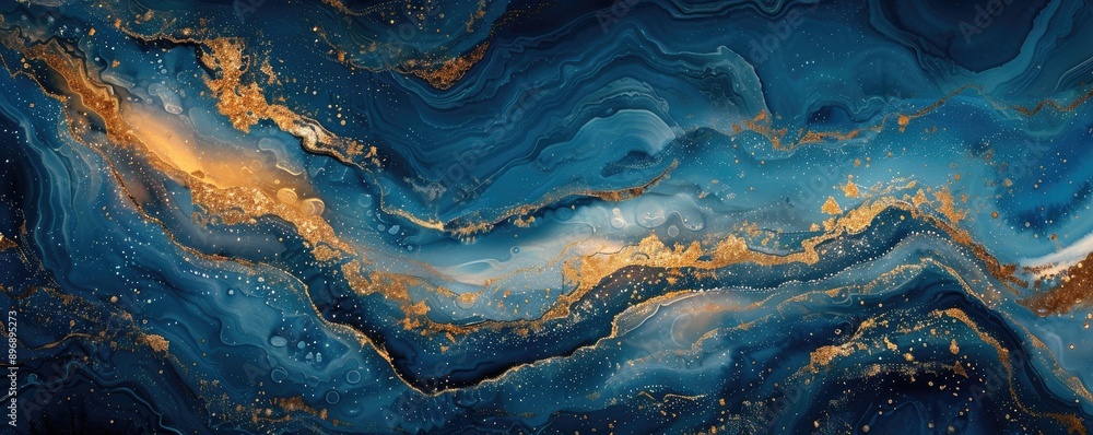 A blue and gold swirl of water with gold glitter A blue and gold swirl of water with gold glitter
