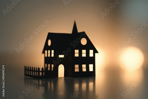 A clean 3D model of a haunted house silhouette with simple, geometric shapes, set against a plain background © EC Tech 