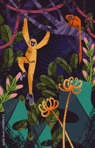 Funny monkeys climb with palm trees in jungle poster. Wild gibbon hanging on exotic plant in rainforest. Golden marmoset sits on branch in tropical forest. Amazon animals. Flat vector illustration