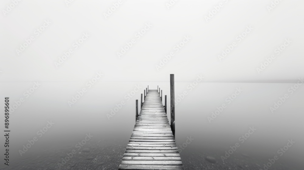 A solitary wooden pier extends into a misty lake, creating a sense of mystery and tranquility.