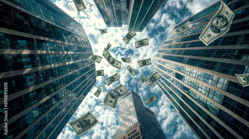 money falls from the sky between skyscrapers photo