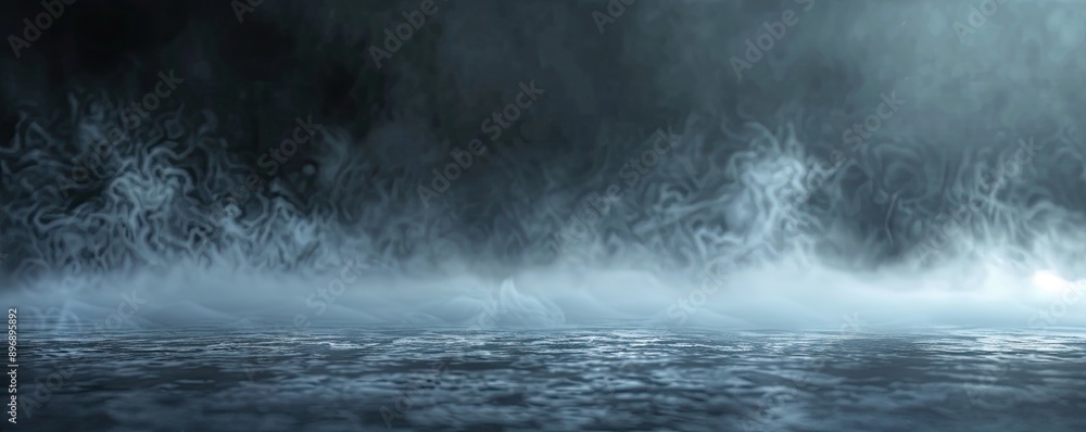 A dark, misty sky with smoke rising from the ocean A dark, misty sky with smoke rising from the ocean