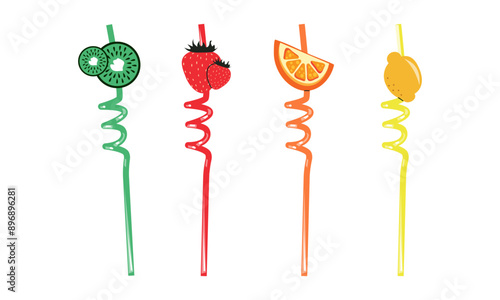 Drinking straws colored Curly Spiral Reusable Straws with Silicone Buckles drink sticks set, flat doodle style colorful vector illustration isolate on white red , orange, green and yellow birthday