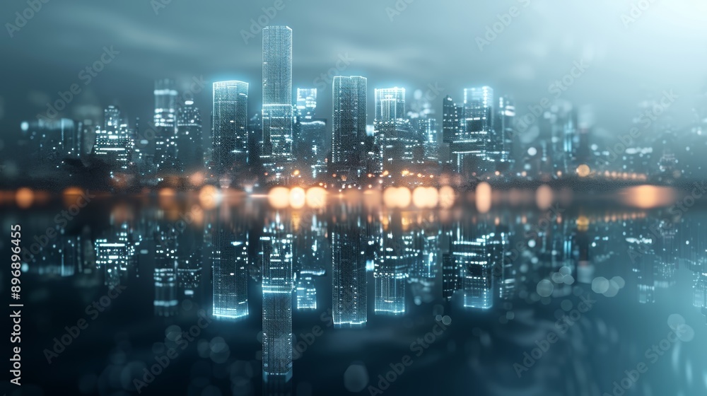 A futuristic city skyline with glowing buildings reflected in a watery surface. The city appears to be made of data and technology. A futuristic city skyline with glowing buildings reflected in a watery surface. The city appears to be made of data and technology.