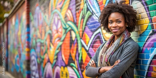 African American woman in white crewneck sweatshirt posing in front of graffiti art school background, urban