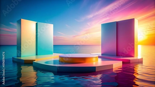 render of an abstract, elegant colorful product presentation stage-podium set on a serene sea backdrop ,  render, abstract