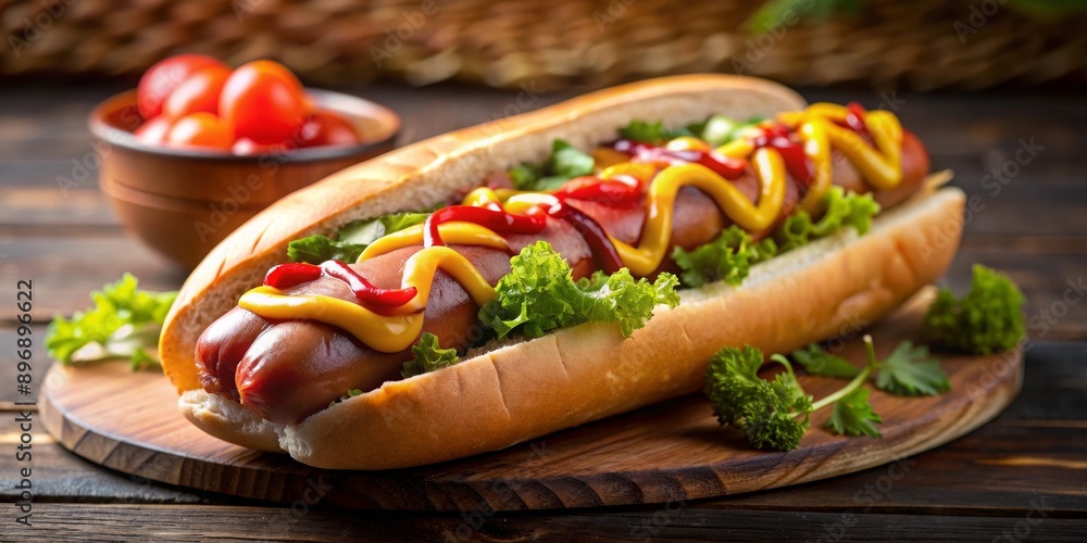 Delicious hot dog loaded with condiments on a grilled bun, food, fast food, street food, grilled, bun, sausage, mustard, ketchup, relish Delicious hot dog loaded with condiments on a grilled bun, food, fast food, street food, grilled, bun, sausage, mustard, ketchup, relish