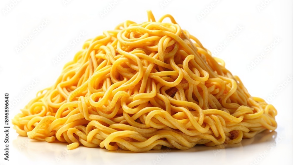 Steaming hot savory yellow noodles sprawl across white background, showcasing tantalizing curly texture in sharp, hunger-inducing close-up detail. Steaming hot savory yellow noodles sprawl across white background, showcasing tantalizing curly texture in sharp, hunger-inducing close-up detail.