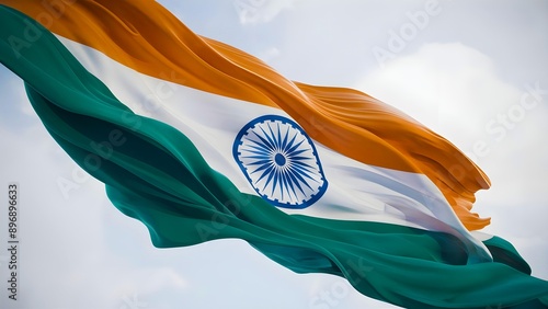 Portrait of an Indian flag flowing in the air. India Independence Day photo realistic.