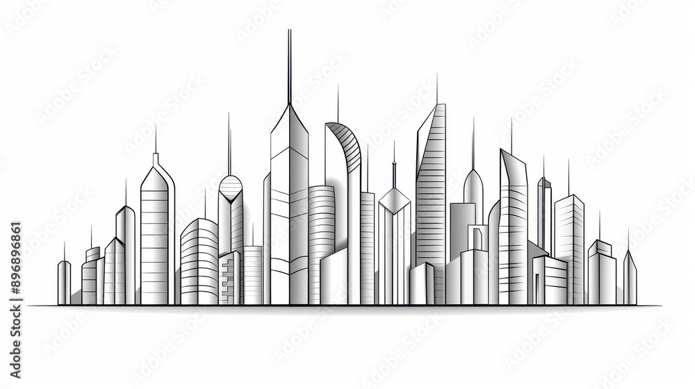 Obraz premium Elegant minimalistic line art depicts a bustling modern cityscape, featuring sleek apartment buildings and a panoramic skyline.