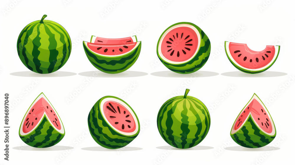 A vibrant collection showcasing playful watermelon illustrations on a crisp, clean background, perfect for summer vibes. A vibrant collection showcasing playful watermelon illustrations on a crisp, clean background, perfect for summer vibes.