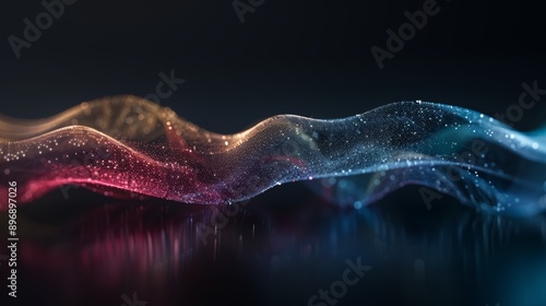 Abstract wave of glowing particles in blue and red hues on a dark background.