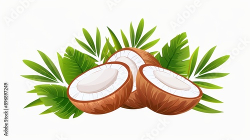 A vibrant coconut half with leaves, perfect for fresh tropical vibes. Ideal for summerthemed designs and culinary uses. photo