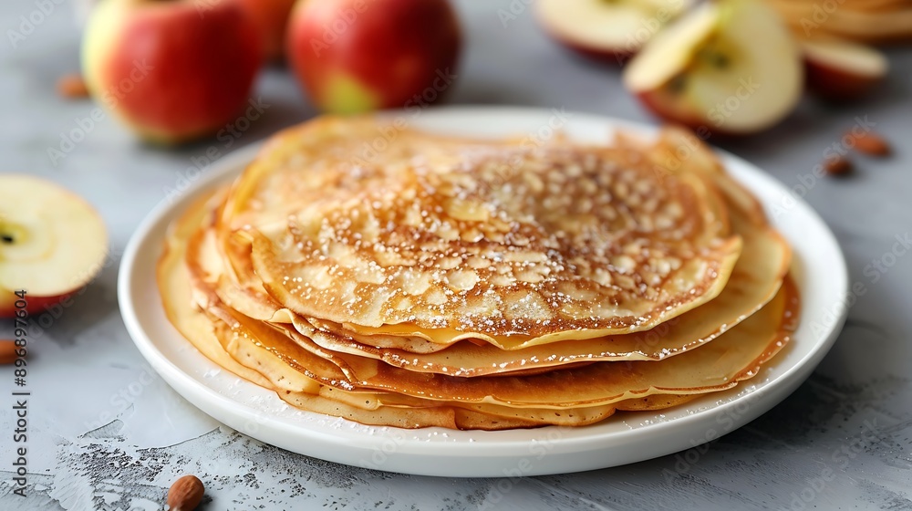 Homemade apple pancakes in a white plate on a gray concrete background Homemade apple pancakes in a white plate on a gray concrete background