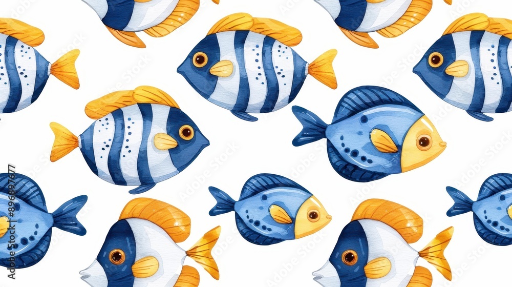 Vibrant handdrawn watercolor depicting tropical fish and marine life, perfect for shop decor, brochures, and textiles. Vibrant handdrawn watercolor depicting tropical fish and marine life, perfect for shop decor, brochures, and textiles.